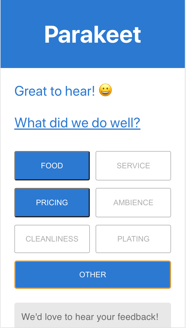 GitHub - toshvelaga/parakeet: Restaurant and SMB feedback app. Scan a ...